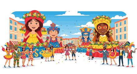 Obraz premium Isometric illustration of people celebrating a Nice Carnival with a large colorful parade float, costumes, and flowers in a joyful scene.