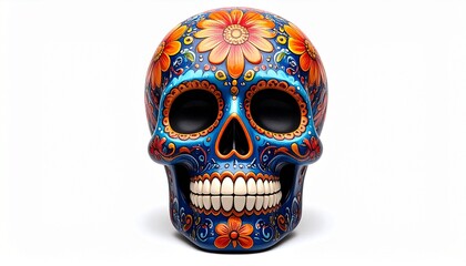 Colorful sugar skull glowing with floral patterns.
