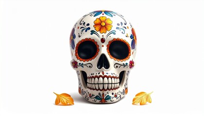 Colorful sugar skull glowing with floral patterns.