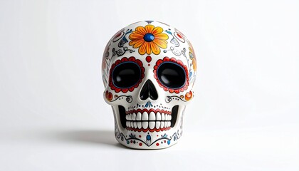 Colorful sugar skull glowing with floral patterns.