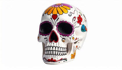 Colorful sugar skull glowing with floral patterns.