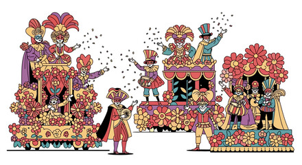 Fototapeta premium Isometric illustration of a vibrant carnival parade with colorful floats, people in costumes, and decorative flowers on a white background.