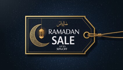 Ramadan sale advertisement displayed on a decorative tag with a golden crescent moon and lantern