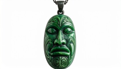 Green pendant carved with tribal face patterns.