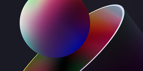 Abstract iridescent geometric shapes. Vibrant gradient colors in simple forms on dark background, 3d rendering wallpaper.