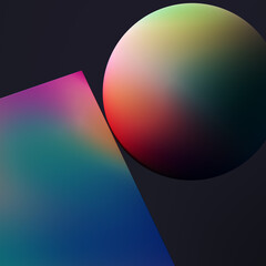 Abstract iridescent geometric shapes minimalist composition. Vibrant gradient colors in simple forms on black, 3d rendering poster design template.