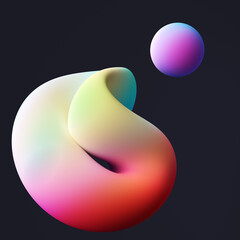 Modern colorful 3D rendering fluid backdrop on dark background. Vibrant gradient organic shape for digital design. Abstract art with neon colors for creative web and mobile interface projects.