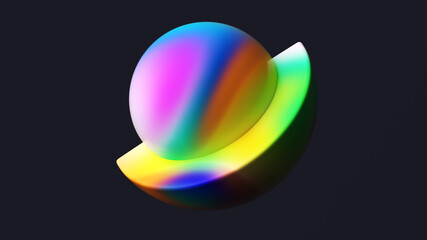 Abstract rainbow colors stylized planet, 3d rendering geometric simple shapes on black background for poster design