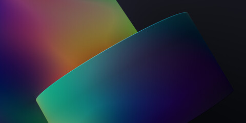 Abstract iridescent geometric shapes. Vibrant gradient colors in simple forms on dark background, 3d rendering wallpaper.