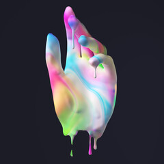 Abstract 3D rendering hand with dripping colorful paint on black. Creative artistic concept for modern digital branding. Vibrant iridescent colors for poster design.