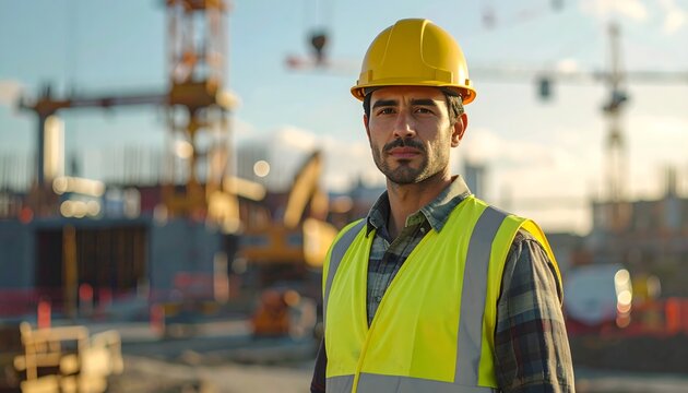 Ingeniero con casco y chaleco reflectante en obra industrial, concepto de liderazgo y seguridad en la construcci&oacute;n