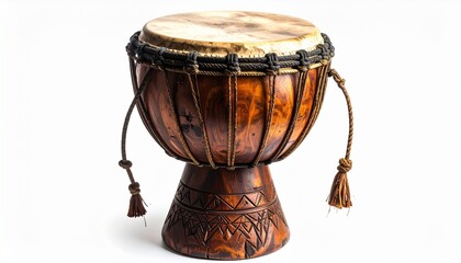 Traditional djembe drum glowing with carved patterns.