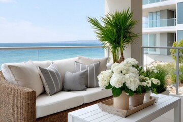 Naklejka premium Balcony ocean view with outdoor patio furniture