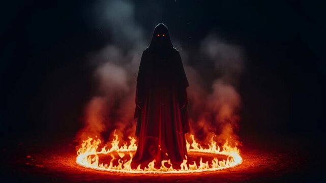 Cloaked figure with glowing eyes inside a fiery circle, enacting a mysterious ritual or dark magic.