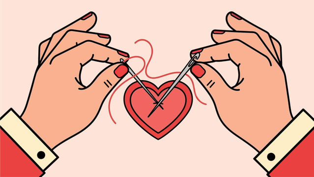 A vibrant illustration depicting human hands carefully mending a symbolic broken heart with needle and thread, representing love, healing, and relationship repair