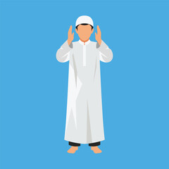 Muslim faceless man standing for prayer flat vector design on blue background