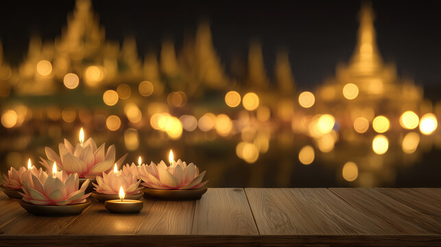 Posala Festival, Lotus Flower and Candlelight Offerings with Soft Golden Bokeh at Buddhist Temple During Poson Festival