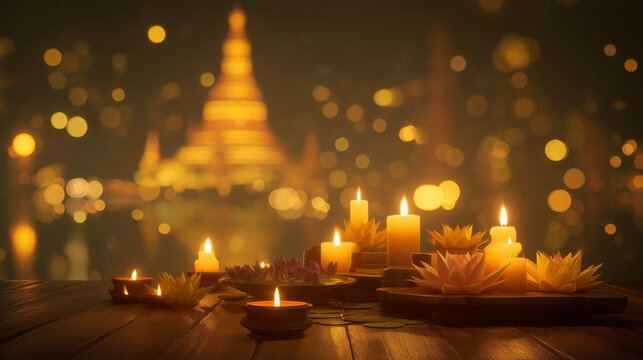 Posala Festival, Glowing Oil Lamps and Lotus Flowers with Golden Temple Background During Poson Festival Night Celebration