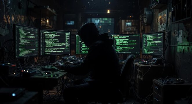 Hacker silhouette dark room cyber security coding computer monitor screen underground technology cyber attack data breach cyberpunk hacking anonymous criminal laptop network terminal code glow