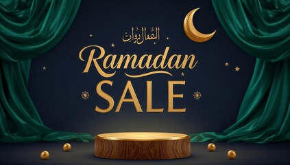 Elegant ramadan sale advertisement with a golden podium crescent moon and luxurious green drapery high quality