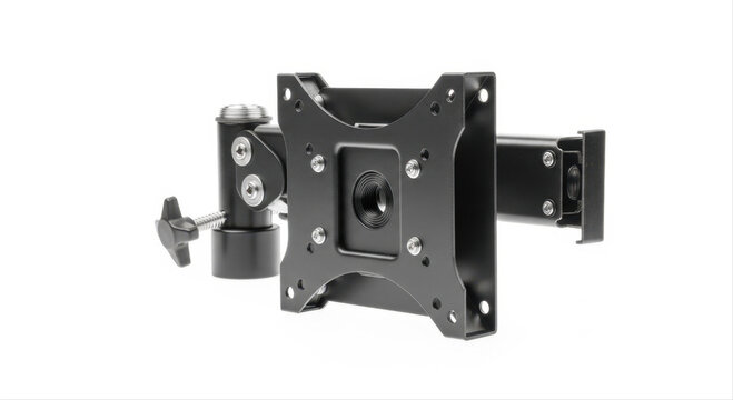 Adjustable monitor arm bracket isolated on white background, featuring sleek black design with pivoting joints and sturdy construction