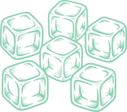 Six hand drawn ice cubes arranged in a circular pattern frozen drink refreshment