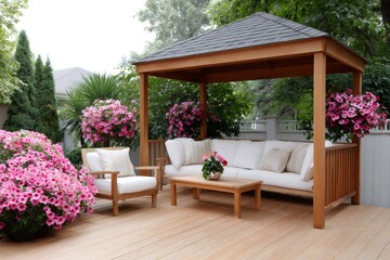 Fototapeta premium Outdoor living space with gazebo, deck, and petunias