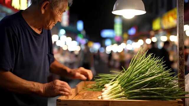 Elderly Vendor with Green Onions at Night Market