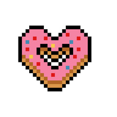Pixel Art Heart-Shaped Donut with Pink Frosting and Colorful Sprinkles