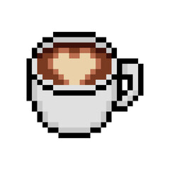 Pixel Art White Coffee Cup with Heart-Shaped Foam