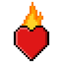 Pixel Art Red Heart with Flames Emerging from Top