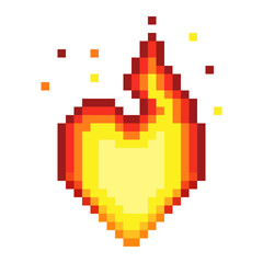 Pixel Art Heart-Shaped Flame with Glowing Sparks 
