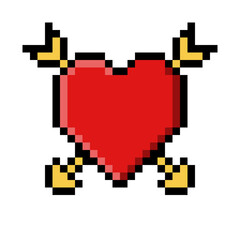 Pixel Art Red Heart with Four Yellow Arrows Pointing Outward