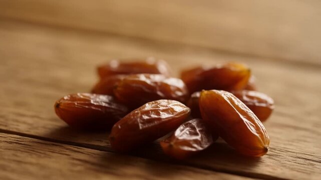 Several ripe dates arranged on a rustic wooden table with warm lighting and soft focus, highlighting the natural texture of the dates. Suitable for healthy food, Ramadan, and natural lifestyle concept