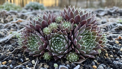 Fototapeta premium Clustered sempervivum rosettes in cool purple and green tones, nestled in gritty soil on a frosty morning, each pointed leaf rimmed with pale edges, showcasing the quiet strength of hardy succulents i