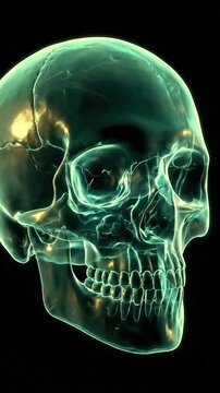 Translucent green human skull illustration with glowing effect, suitable for medical, science, anatomy, education, and halloween content.