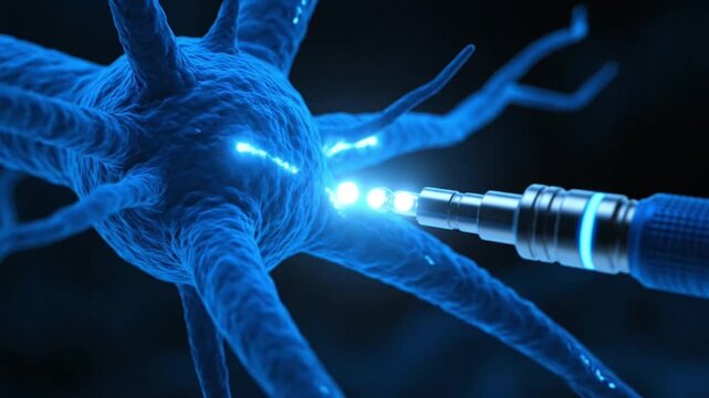 Scientist examining neuron with precision electrode in laboratory setting