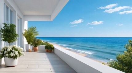 Naklejka premium Modern balcony looking out at ocean beach view