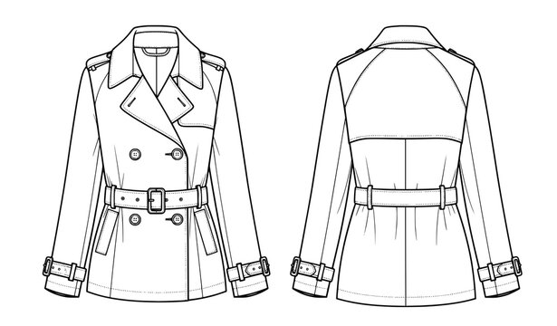 Vector technical fashion illustration of women&rsquo;s cropped trench coat with fitted silhouette and double-breasted design