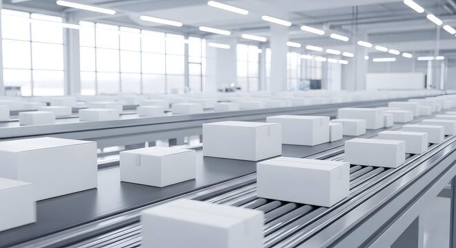 White cardboard boxes moving on multiple parallel conveyor belts in a clean, modern automated logistics facility