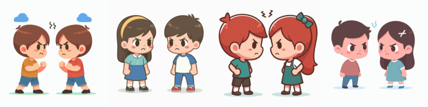 Cute Cartoon Illustration of Children Arguing and Having Conflict Problems