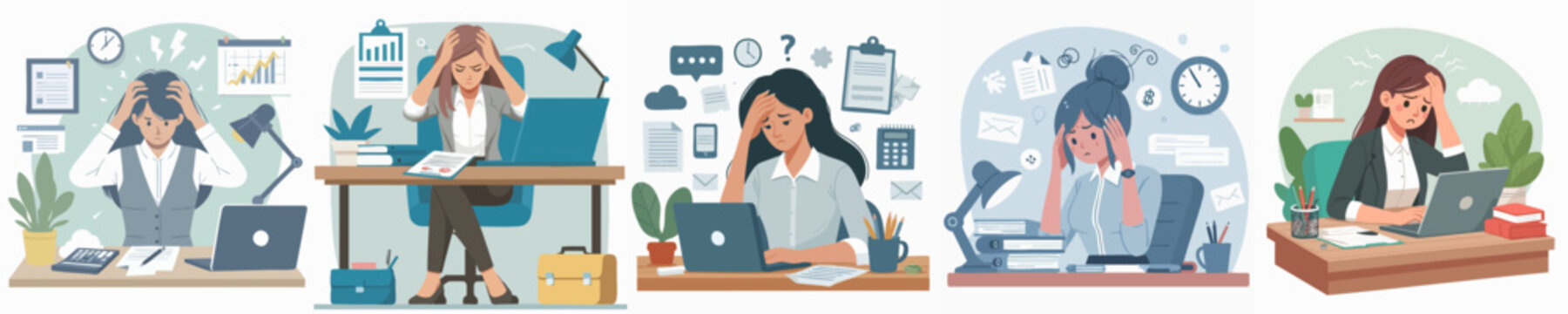 Flat Style Illustration of Overwhelmed Woman at Desk Working Hard