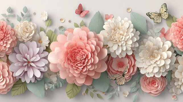 3D render of horizontal floral pattern with pastel roses, daisies, dahlias, butterflies, and leaves, abstract cut paper style on white botanical background, modern decorative design