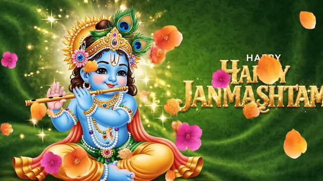 Baby Krishna playing flute on festive Janmashtami celebration background