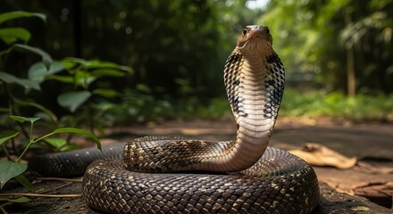 Fototapeta premium A majestic cobra with its hood spread, poised and alert in a lush green forest environment.