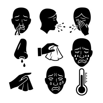 Runny nose sickness icon silhouette black vector allergy symptoms set