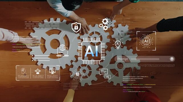 People Collaborating with Gears and AI Icons on a Wooden Table, Symbolizing Teamwork and Technology in Modern Business Environment Gluon.