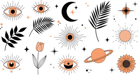 Mystical celestial and boho illustration set with eyes, moon, sun, stars and botanical elements in flat vector style for spiritual and modern design © MdNazmul