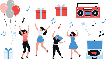Party celebration illustration set with dancing women balloons gifts music boombox vinyl player and festive elements in colorful flat style for events and social designs © MdNazmul