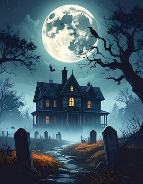 A spooky night scene features a moonlit, two-story house with illuminated windows, graves, and skeletal trees